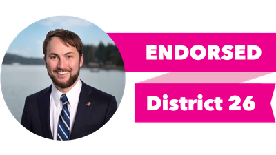 Headshot of Adison Richards with pink banner reading: Endorsed, District 26