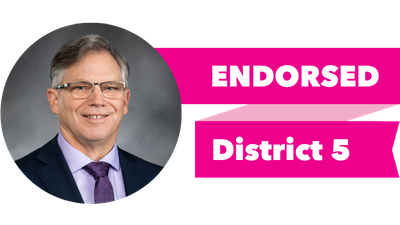 Headshot of Bill Ramos with pink banner reading: Endorsed, District 5