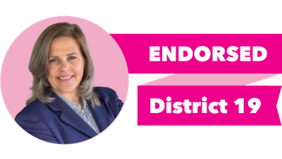 Headshot of Cara Cusack with pink banner reading: Endorsed, District 19
