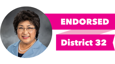Headshot of Cindy Ryu with pink banner reading: Endorsed, District 32