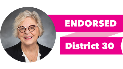 Headshot of Claire Wilson with pink banner reading: Endorsed, District 30