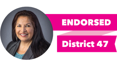 Headshot of Claudia Kauffman with pink banner reading: Endorsed, District 47