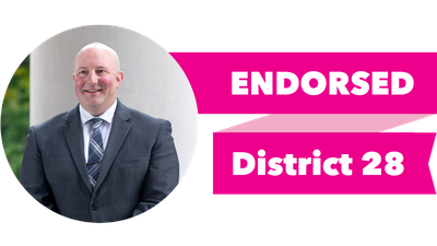 Headshot of Dan Bronoske with pink banner reading: Endorsed, District 28