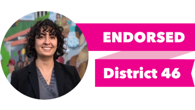 Headshot of Darya Farivar with pink banner reading: Endorsed, District 46