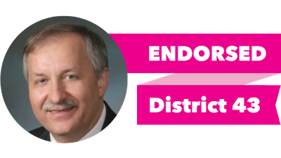 Headshot of Frank Chopp with pink banner reading: Endorsed, District 43
