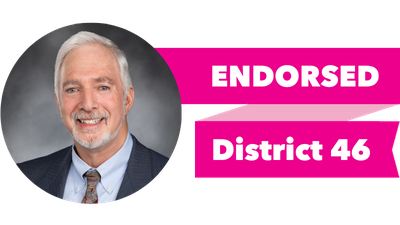 Headshot of Gerry Pollet with pink banner reading: Endorsed, District 46