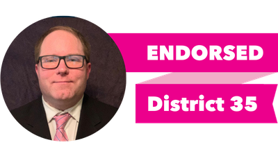 Headshot of James DeHart with pink banner reading: Endorsed, District 35