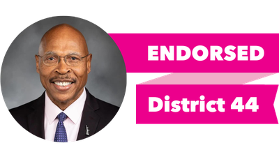 Headshot of John Lovick with pink banner reading: Endorsed, District 44