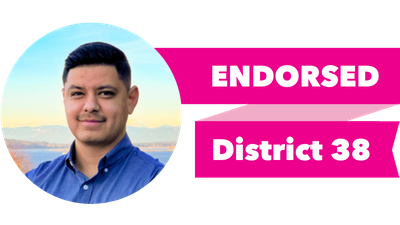 Headshot of Julio Cortes with pink banner reading: Endorsed, District 38
