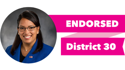Headshot of Kristine Reeves with pink banner reading: Endorsed, District 30