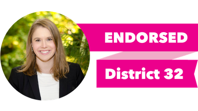 Headshot of Lauren Davis with pink banner reading: Endorsed, District 32