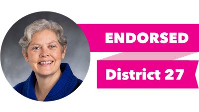 Headshot of Laurie Jinkins with pink banner reading: Endorsed, District 27