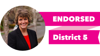 Headshot of Lisa Callan with pink banner reading: Endorsed, District 5