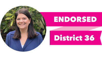 Headshot of Liz Berry with pink banner reading: Endorsed, District 36