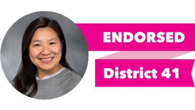 Headshot of My-Linh Thai with pink banner reading: Endorsed, District 41