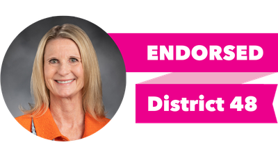 Headshot of Patty Kuderer with pink banner reading: Endorsed, District 48