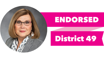 Headshot of Sharon Wylie with pink banner reading: Endorsed, District 49