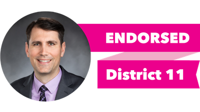 Headshot of Steve Bergquist with pink banner reading: Endorsed, District 11