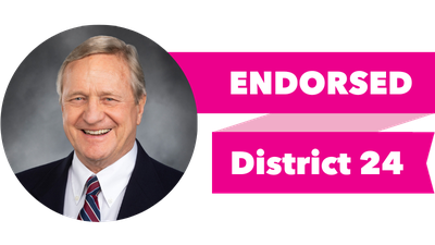 Headshot of Steve Tharinger with pink banner reading: Endorsed, District 24