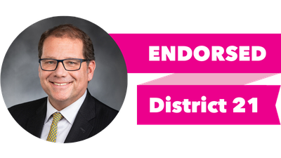 Headshot of Strom Peterson with pink banner reading: Endorsed, District 21
