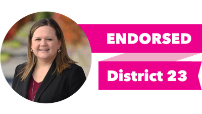 Headshot of Tarra Simmons with pink banner reading: Endorsed, District 23