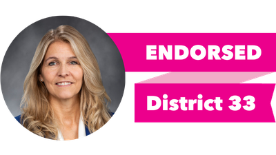 Headshot of Tina Orwall with pink banner reading: Endorsed, District 33