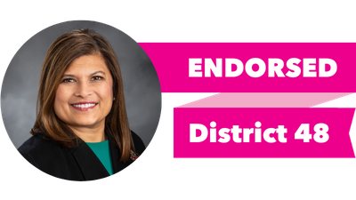 Headshot of Vandana Slatter with pink banner reading: Endorsed, District 48