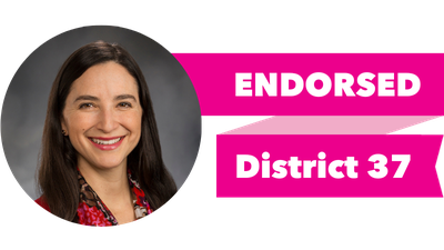 Headshot of Rebecca Salda�a with pink banner reading: Endorsed, District 37