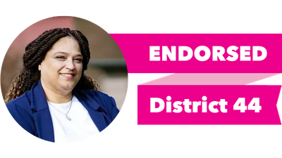 Headshot of Brandy Donaghy with pink banner reading: Endorsed, District 44