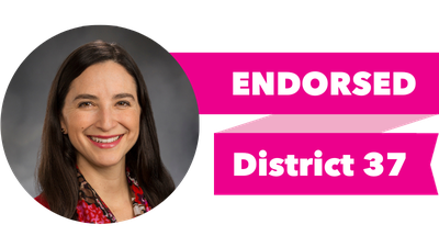 Headshot of Rebecca Saldaa with pink banner reading: Endorsed, District 37