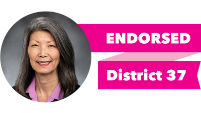 Headshot of Sharon Tomiko Santos with pink banner reading: Endorsed, District 37
